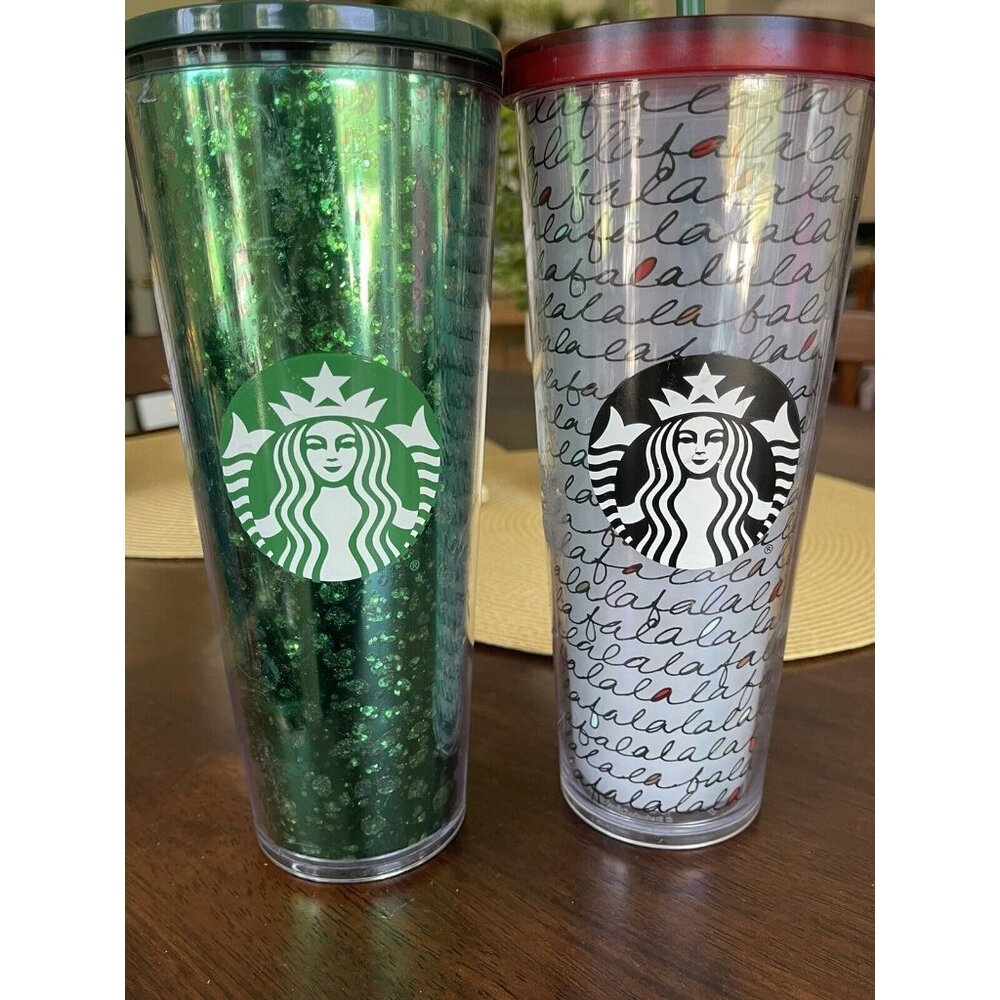 Starbucks Christmas Tumblers 24oz Acrylic Green Glitter & “Falala” Cups Cold